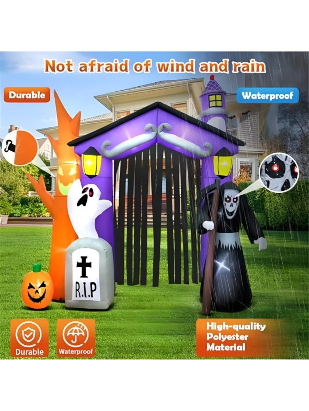 9FT Halloween Inflatables Haunted House Castle Archway Decoration with Led
